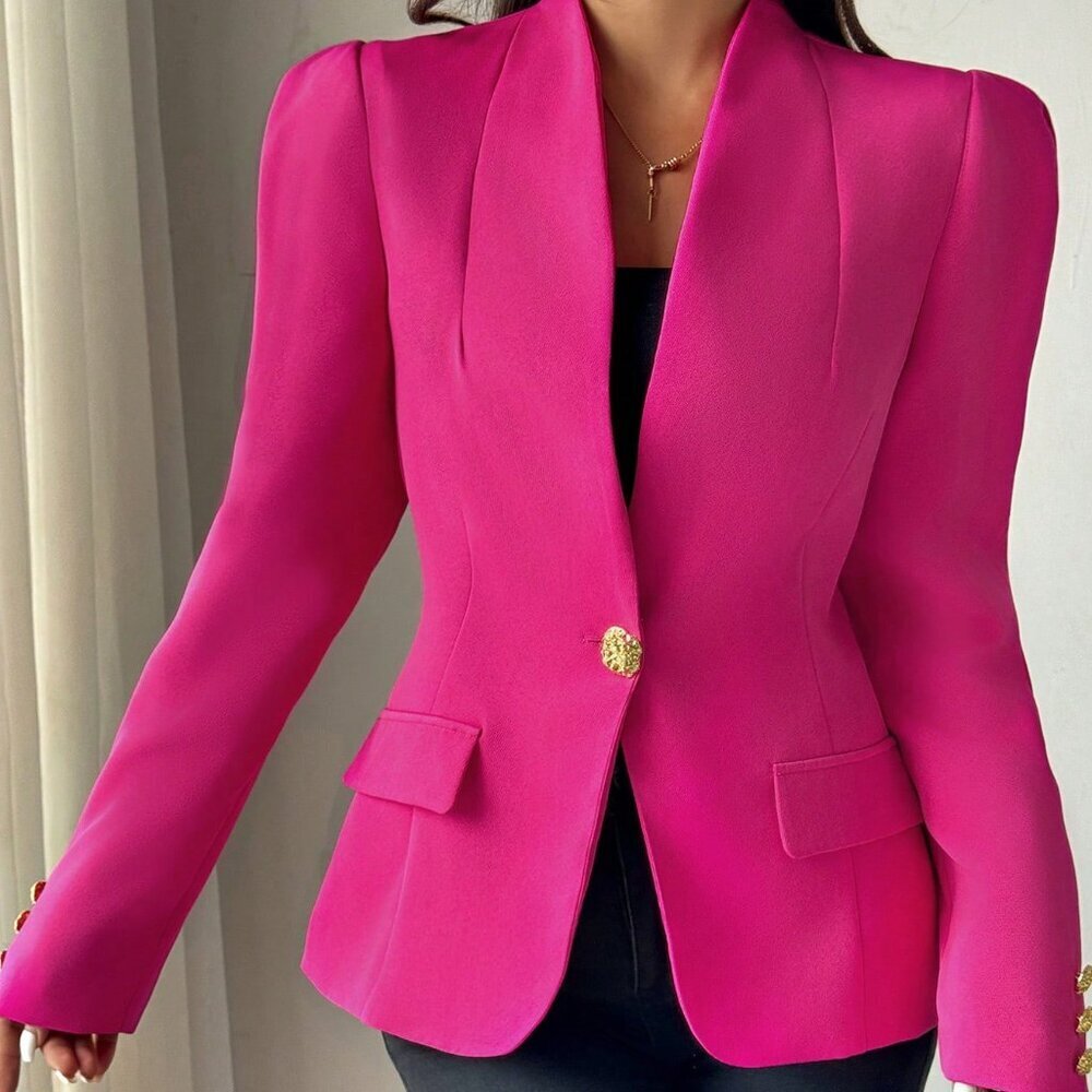 Hot Pink Elegant Women's Solid Single Button Long Sleeve Blazer - Picture 7 of 7